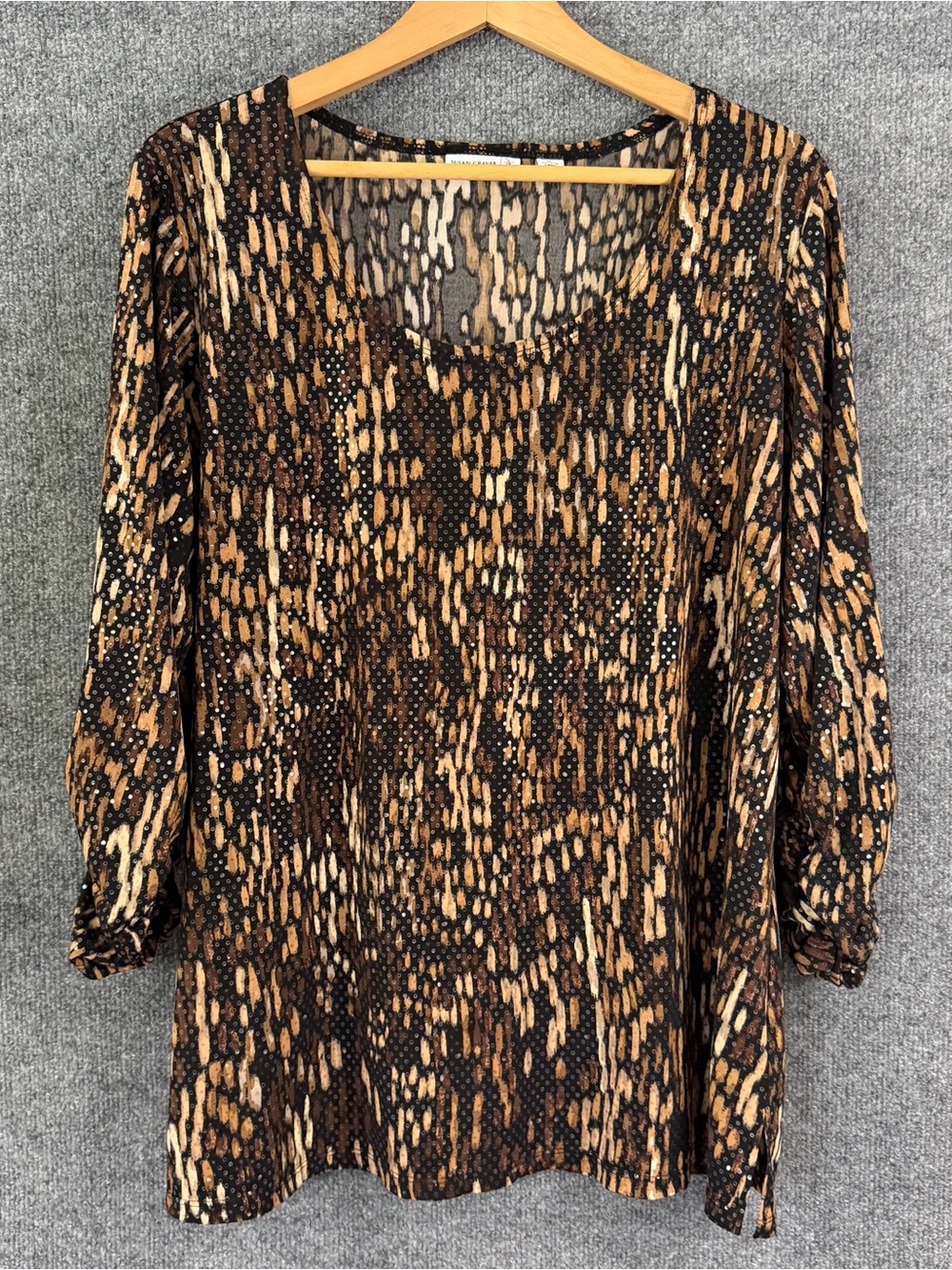 Susan Graver Womens Liquid Knit Rhinestone Top Size XL Brown Black Office Casual